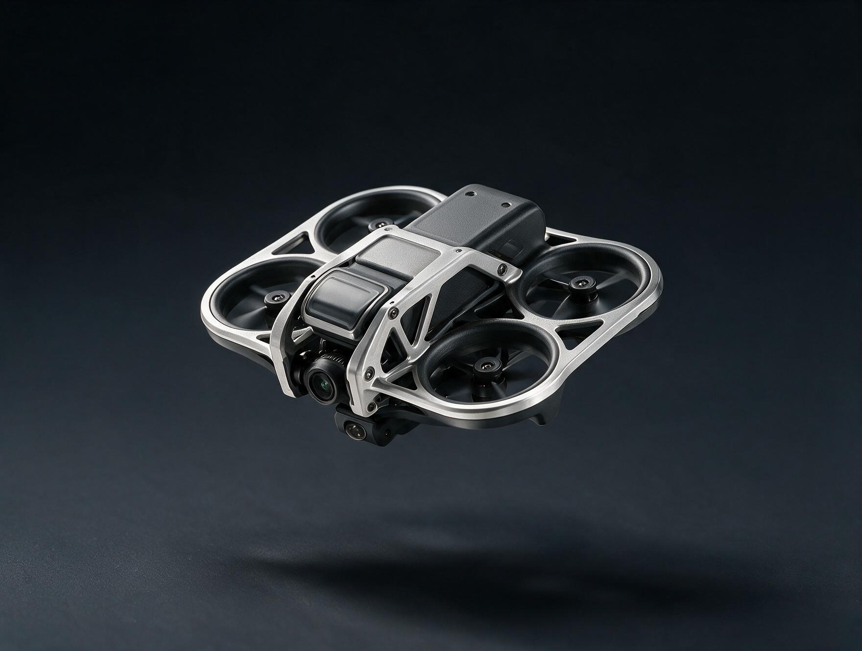 Autonomous inspection drone with machined aluminum frame under neutral studio lighting