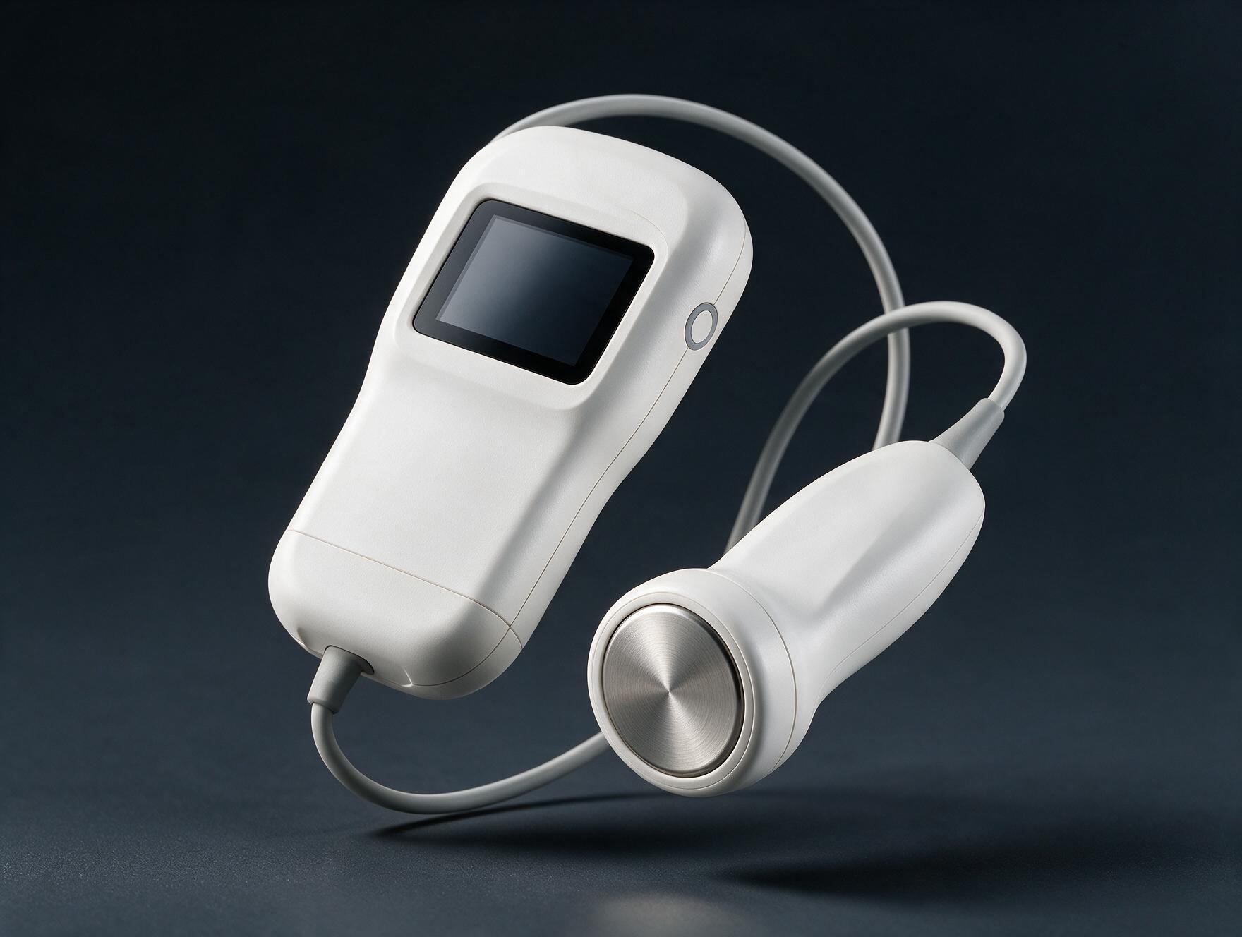 Handheld medical doppler device with probe under neutral studio lighting