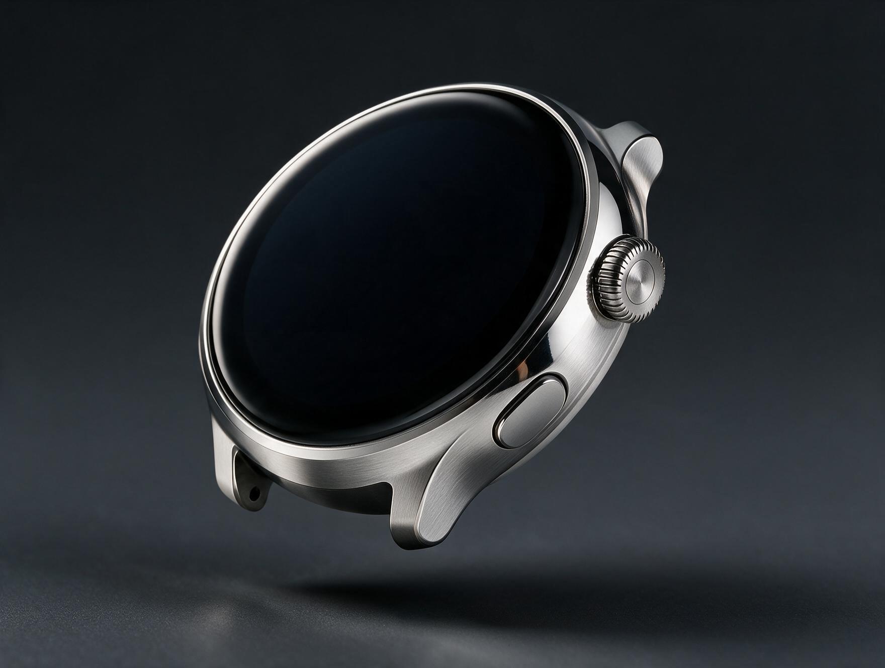 Exploded view of a silver smartwatch prototype showing case, main board, battery and sapphire glass