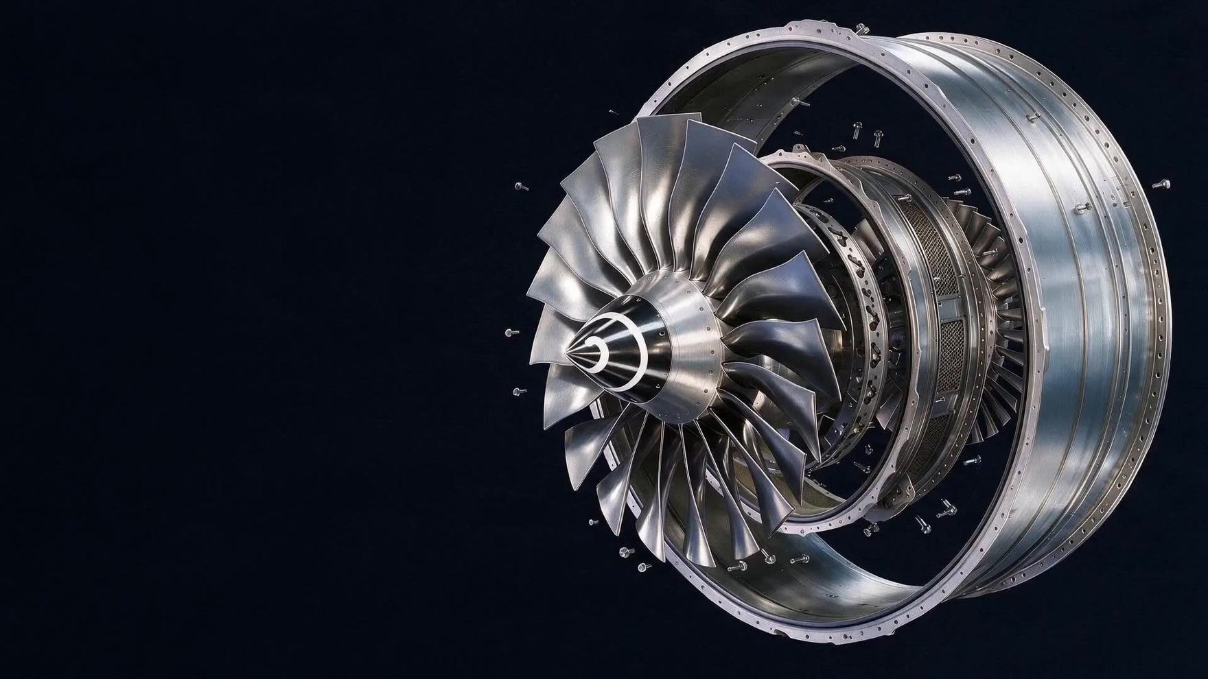 Exploded view of a precision turbofan engine fan assembly in silver metal